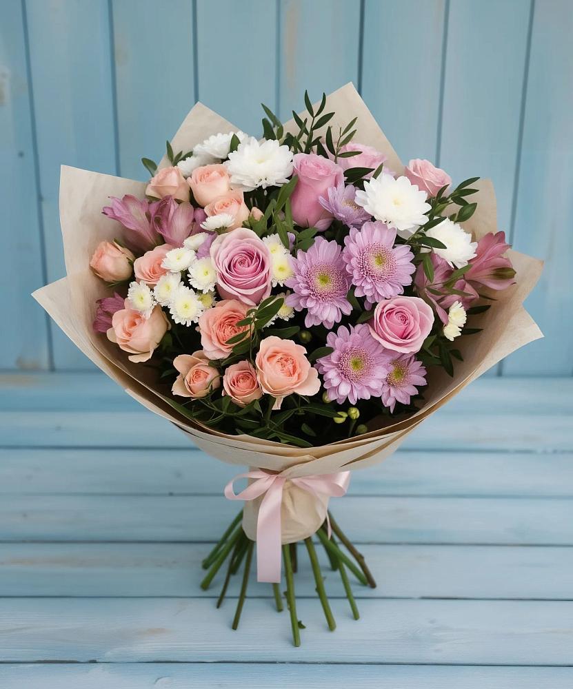 Букет цветов из: Хризантемы, Розы и Альстромерии в Ставропольском