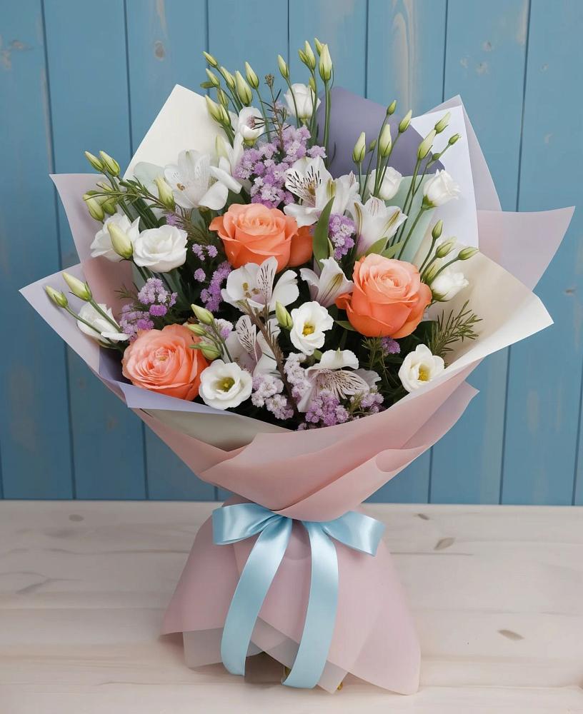 Букет цветов из: Лизиантусы, Розы, Альстромерии и Гипсофила в Ставропольском